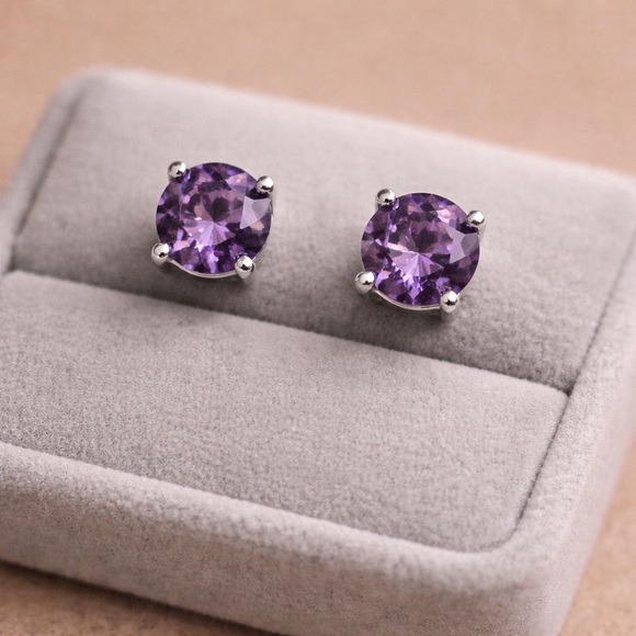 Amethyst Cz Sterling Round Stud Earrings Butterfly Post Back 2.40 Tw #467